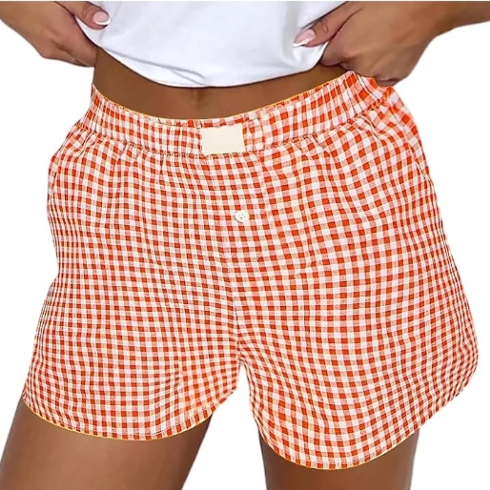 Plaid Pajama Lounge Sleep Striped Bottom Short Orange